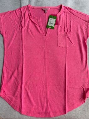 Lilly Pulitzer XS Linen Duval Top Neon Pink Notch Neck Short Sleeve Pocket Tee